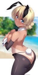 1girl 2025 2d beach blonde_hair blue_eyes breast_press breasts_bigger_than_head bunny_costume bunny_ears bunny_girl bunny_tail bursting_breasts darjeeling female female_only gigantic_ass gigantic_breasts gigantic_butt gigantic_thighs girls_und_panzer hand_on_breast kuzuryuu_kennosuke looking_at_viewer looking_back looking_back_at_viewer on_beach schoolgirl smile solo solo_female tan_body tan_skin wardrobe_malfunction wide_hips