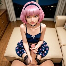 ai_generated couch crop_top fit_female lazytown living_room penis_grab petite petite_female pov skirt stephanie_meanswell tank_top