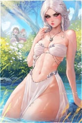 2boys 2d 3girls ass bathing black_hair bra braid breasts cd_projekt_red ciri embarrassed embarrassed_female female freckles freckles_on_face geralt_of_rivia green_eyes jaskier_(the_witcher) light-skinned_female light_skin looking_at_viewer mascara navel outdoors panties prywinko red_hair river scar tattoo the_witcher_(series) the_witcher_4 transparent_clothing triss_merigold voyeur voyeurism wet_body white_hair wide_hips witcher_medallion yennefer