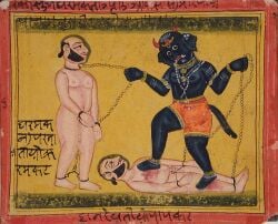 19th_century 2_horns ancient_art animal_humanoid anklet armlet barely_visible_genitalia barely_visible_penis biped blood bodily_fluids bottomwear bound bracelet chain chained clothed clothed_humanoid clothed_male clothing cuff_(restraint) demon devanagari_text elephant_humanoid facial_hair feet gem genitals gold_(metal) gold_jewelry gouache_(artwork) group hell hi_res holding_chain horn human humanoid humanoid_feet humanoid_hands jainism jewelry lying male male_human male_humanoid mammal mammal_humanoid metal_cuffs mustache navel necklace nipples nude nude_human nude_male on_back painting_(artwork) pearl_(gem) pearl_necklace penis plantigrade proboscidean proboscidean_humanoid pubes public_domain religion restrained restraints shackled_ankles shackled_neck shackles shackles_only shorts sideburns simple_background slightly_chubby slightly_chubby_human slightly_chubby_male standing stepped_on tail text topless topless_humanoid topless_male torture traditional_media_(artwork) traditional_painting_(artwork) trio unknown_artist