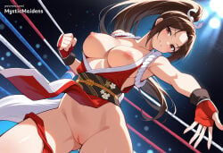1girl ai_generated anime anime_style artist_name ass_visible_through_thighs bare_shoulders blush breasts breasts_out brown_eyes brown_hair capcom clenched_hand collarbone fatal_fury fatal_fury:_city_of_the_wolves fatal_fury_2 fatal_fury_the_motion_picture fingerless_gloves gloves hentai hi_res high_ponytail japanese_clothes king_of_fighters large_breasts long_hair looking_at_viewer mai_shiranui mystic_maidens nipples no_bra obi outstretched_arm parted_bangs parted_lips patreon patreon_username pelvic_curtain ponytail pussy revealing_clothes rope sash smile snk solo street_fighter street_fighter_6 thighs uncensored