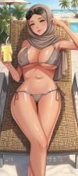 ai_assisted ai_generated arabian beach bikini bikini_bottom bikini_top cleavage female hijab hijabi lemonade nipple_bulge sexy sexy_body sunglasses sunglasses_on_head tanned tanned_female tanned_skin
