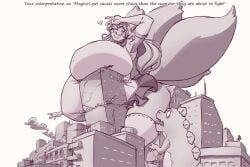 1girls building building_destruction city destruction female female_only giantess heart huge_breasts kaiju kitsune macro magical_girl monochrome monster n647 original original_character shocked size_difference skirt solo tail text thick_thighs wide_hips