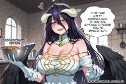 1girl ai_assisted ai_generated albedo_(overlord) english_text fatest_squirrel holding_bowl large_breasts open_mouth overlord_(maruyama) slit_pupils smile wavy_mouth yellow_eyes