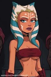 ahsoka_tano ai_generated alien animated bare_shoulders blue_eyes breasts breasts_out choker cleavage collarbone colored_skin covered_nipples exposed_breasts facial_tattoo female goldencharacters lips looking_at_viewer makeup medium_breasts midriff navel nipples orange_skin solo star_wars strapless tagme tentacle_hair titty_drop underboob upper_body video web_address
