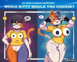 :3 anthro big_breasts blush bottomless breasts_size_difference calico_cat cat_ears cat_tail cate_meowdy_(fortnite) catgirl collar dot_eyes ear_piercing elferdiart feline feline_humanoid flushed_emoji_shirt fortnite fortnite:_battle_royale fur furry hand_on_hip happy headwear humanoid looking_at_viewer meow_skulls_(fortnite) no_panties peace_sign serious shirt small_breasts thick_thighs v_sign vulva yellow_eyes