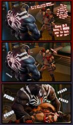 3d_(artwork) absurd_res anthro balls black_body brown_body brown_fur clothed clothing comic deadpool dialogue digital_media_(artwork) duo from_behind_position fur genitals gesture hand_gesture hi_res hyena instant_loss_2koma looking_pleasured male male/male mammal marvel marvel_rivals moan muscular nyctokriz onomatopoeia partially_clothed pecs penis pinned_to_bed pointing pointing_at_another sex sound_effects symbiote text tongue tongue_out venom_(marvel) yeenpool_(ks_simp)
