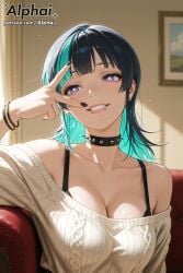 1girl 2025 2026 4k absurd_res absurdres ai ai-created ai-generated ai_art ai_assisted ai_generated alphai aqua_hair black_hair black_nails blushing bra_strap bracelet breasts chin_piercing choker cinematic_lighting cleavage close-up collar collarbone colorful_background couch depth_of_field detailed_hair detailed_skin detailled_background dramatic_shadows earrings eyelashes eyeliner face_piercing female_face high_quality high_resolution highres hoshi_kirara jewelry lip_piercing male_focus multicolored_hair naughty_face off-shoulder_sweater off_shoulder on_couch parted_lips particles patreon patreon_link patreon_url patreon_username piercing purple_eyes raised_eyebrows seductive_eyes solo spiked_collar spikes star-shaped_pupils streaked_hair sweater symbol-shaped_pupils v v_over_eye volumetric_lighting watermark