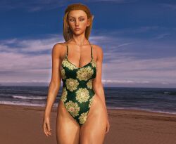 1girl baldur's_gate_2 beach blonde_hair blue_eyes breasts earrings floral_print half_elf itirick jaheira long_hair looking_aside no_humans not_nude one_piece_swimsuit pointy_ears scar solo swimsuit thick_thighs