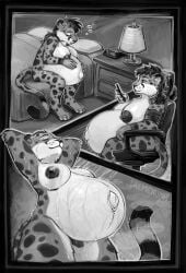 2026 absurd_res anthro areola bathing bed bedroom big_breasts breast_growth breasts cellphone chair cheetah comic cremekuma digital_drawing_(artwork) digital_media_(artwork) electronics english_description eyes_closed felid feline fur furniture genitals greyscale growth hand_on_own_belly hi_res holding_cellphone holding_object holding_phone holding_smartphone humanoid_genitalia humanoid_hands humanoid_penis intersex mammal markings medium_hair monochrome nipples nix_(nixphx) nude_anthro nude_intersex on_bed on_chair outie penis phone pregnant pregnant_anthro pregnant_intersex showering sitting sitting_on_bed sitting_on_chair sleeping smartphone solo spots spotted_body spotted_fur wet wet_body