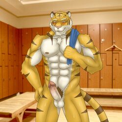 2014 abs anthro black_fur blush coat_hanger color feline front_view fur furry hair_tuft hand_on_hip indoors kraidhiel locker male male_only mammal muscles nude orange_fur penis pubes room solo stripes sweat testicles tiger towel white_fur