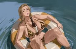 1girls 2d bikini blonde_hair bottle bottle_between_breasts breasts enargeia female female_only innertube leopard_print leopard_print_bikini light-skinned_female light_skin naruto naruto_(series) outdoors solo solo_female tagme thighs tsunade water