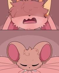 accessory ambiguous_gender blush bodily_fluids bow_accessory brown_body brown_fur cum cum_in_mouth cum_inside deep_throat dominant duo ear_accessory eyes_closed fellatio femboy feral feral_on_feral fluffy fur genital_fluids hi_res house_mouse km-15 lagomorph larger_sub leporid male male/ambiguous mammal mouse murid murine open_mouth oral oral_penetration penetration penile penile_penetration rabbit ribbons rodent scaroused sex simple_background size_difference submissive sweat whiskers yellow_bow yellow_ribbon