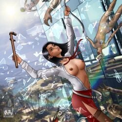 adamburnley asian asian_female big_breasts black_hair breasts breasts_out brown_nipples dark-skinned_female dark_skin dead_island female female_focus nipples solo_focus wardrobe_malfunction xian_mei