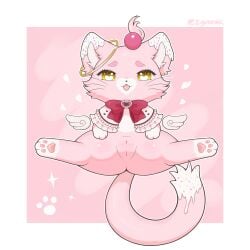1:1 2026 absurd_res artist_name bow_ribbon cel_shading cheek_tuft cloak clothing digital_drawing_(artwork) digital_media_(artwork) dipstick_tail domestic_cat facial_tuft feet felid feline felis female female_feral feral floating_wings front_view fur genitals heart_in_pupils heart_symbol hearts_around_head hi_res hindpaw leg_markings looking_at_viewer mammal markings narrowed_eyes paws pink_background pink_body pink_fur quadruped shaded simple_background socks_(marking) solo spreading sprinkles_in_fur tail tail_markings text tuft unusual_anatomy unusual_wings vulva whiskers white_background wings yellow_eyes zyuuniie