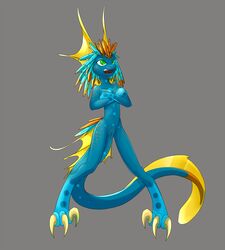 3_toes angry anus blue_skin claws crossed_arms digitigrade feathers female kobold navel pussy reptile scalie severus solo