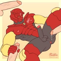 abs anus athletic_male balls butt disembodied_penis gay handjob hero_factory human humanoid_penis lego male/male multiple_boys muscular_male nipples on_back pecs penis phobetose precum_drip robot solo_focus veiny_penis