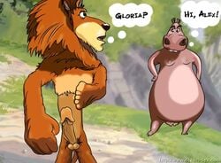 alakay_alex anthro balls dialogue drawn-sex.com dreamworks english_text erection feline female furry furry_only gloria_the_hippopotamus hippo hippopotamus lion madagascar_(film) madagascar_(series) male mammal penis pubic_hair pussy straight thought_bubble vulva