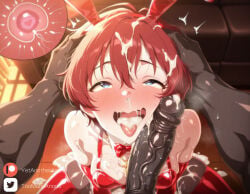 1boy 1girl ahegao ai_assisted ai_generated black_pantyhose blue_eyes blush cross-section cum cum_in_mouth cum_in_nose cum_in_pussy cum_inside cum_on_body cum_on_breasts cum_on_hair cum_on_leg cum_overflow cum_pool cumdrip dark-skinned_male fake_rabbit_ears fake_tail fertilization gold_necklace head_grab idolmaster julia_(idolmaster) leotard_aside living_room loving_aura muscular_male on_floor open_mouth patreon patreon_username penis_on_face playboy_bunny pov pov_hands rabbit_ear_hairband rabbit_tail red_elbow_gloves red_hair red_leotard red_thighhighs shade short_hair solo_focus steam sunset sweat tank_top tongue_out translucent_leotard very_dark_skin wavy_mouth white_detached_collar