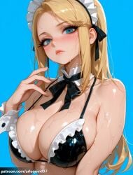 1girl ai_generated arlequin097 bare_shoulders bikini black_bikini black_ribbon blonde_hair blue_background blue_eyes blush breasts cleavage closed_mouth detached_collar frilled_bikini frills hand_up large_breasts lips long_hair looking_at_viewer maid maid_bikini maid_headdress metroid neck_ribbon nintendo ribbon samus_aran shiny_clothes shiny_skin simple_background skindentation solo super_smash_bros. swimsuit unconventional_maid upper_body wet wrist_cuffs