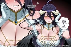 1girl adjusting_hair ai_assisted ai_generated albedo_(overlord) bedroom english_text fatest_squirrel full-face_blush grin large_breasts open_mouth overlord_(maruyama) slit_pupils stone_wall yellow_eyes