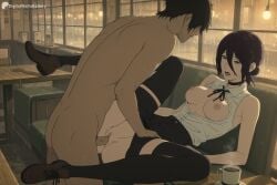 1boy 1girl ai_generated black_choker black_hair black_ribbon black_shorts black_skirt black_thighhighs breasts breasts_out brown_footwear chainsaw_man choker clothed_female_nude_male clothed_sex coffee coffee_mug collared_shirt couch cup digitalwaifugallery green_eyes hair_between_eyes hair_bun hetero hi_res high_quality high_resolution indoors medium_breasts mug neck_ribbon nipples no_bra nude open_clothes open_mouth open_shirt patreon patreon_username penis pussy rain reze_(chainsaw_man) ribbon seductive sex sexy shirt shoes short_hair shorts single_hair_bun skirt sleeveless sleeveless_shirt spread_legs table thighhighs uncensored vaginal watermark white_shirt window