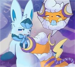 altaria ambiguous_gender amprose_(shivereevee) blue_body blue_eyes blue_fur blush bodily_fluids detailed_background digital_media_(artwork) duo eevee eeveelution fan_character feral fleesoff fur generation_1_pokemon generation_3_pokemon generation_4_pokemon genital_fluids genitals glaceon hi_res hybrid male male/ambiguous mammal nintendo open_mouth oral orange_body orange_fur penis pokemon pokemon_(species) raichu shiver_(shivereevee) tail