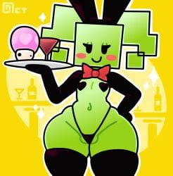 1girls black_eyes blush blushing bowtie bunny_ears female_only flat_chest gloves green_hair green_skin heart_pasties mario_(series) mimi_(paper_mario) mimi_(super_paper_mario) mob_face mushroom navel nintendo octotron2000 paper_mario pasties plate pussy reverse_bunnysuit self_upload smile smiling smug solo solo_female square_head super_mushroom super_paper_mario thick_thighs thighhighs thong twintails wide_hips wine wine_glass