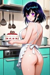 apron bishoujo_senshi_sailor_moon black_hair cake hotaru_tomoe medium_hair naked naked_female purple_eyes sailor_saturn strawberry_cake white_apron
