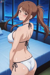 1boy 1girl absurdres adult ai_assisted ai_generated ass ayane_shirakawa back bangs bed big_breasts bikini blush breasts brown_eyes brown_hair closed_mouth female from_behind heeven highres indoors large_breasts long_hair looking_at_viewer looking_back male mature night on_bed overflow_(series) patreon patreon_username perfect_body pillow ponytail sensitive shirakawa_ayane side-tie_bikini_bottom sidelocks skindentation sky smile solo swimsuit uncensored white_bikini window