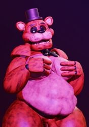 1_eye 2025 3d_(artwork) animatronic anthro bear belly black_sclera blender_(artwork) bow_tie clothing digital_media_(artwork) five_nights_at_freddy's front_view genitals golden_freddy_(fnaf) hat headgear headwear looking_at_viewer machine male mammal moob_grab moobs nude overweight overweight_anthro overweight_male pose robot scottgames simple_background solo solo_focus teeth top_hat wynter_faver