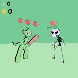 1:1 bone bunbuun dagger duo gameplay gameplay_mechanics heart_symbol hi_res horn humanoid male melee_weapon nude public public_nudity reptile scalie simple_background skeleton stick_figure sword upvote weapon