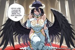 1girl ai_assisted ai_generated albedo_(overlord) bowing closed_eyes english_text fatest_squirrel hand_on_own_chest head_down large_breasts on_one_knee open_mouth overlord_(maruyama) smile