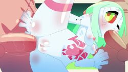 1girls 2boys anal anal_insertion anal_juice anal_sex animated blowjob blowjob_face completely_naked completely_naked_female completely_naked_male completely_nude completely_nude_female completely_nude_male cyberpunk:_edgerunners cyberpunk_2077 green_eyes green_hair loop looping_animation naked no_sound nude rebecca_(edgerunners) red_eyes saliva saliva_trail simple_background small_breasts smaller_female standing standing_on_one_leg standing_sex tagme threesome vanilla-pete video wet wet_penis white_body