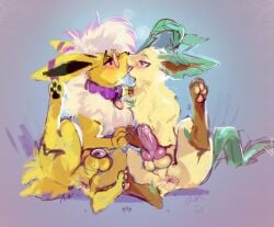 animal_genitalia animal_penis chastity_cage chastity_device collar collar_tag duo eeveelution fur generation_1_pokemon generation_4_pokemon genitals hi_res jolteon kissing_with_tongue leafeon male male/male mirrored_pose nintendo penis pokemon pokemon_(species) tan_body tan_fur yellow_body yellow_fur zanthu