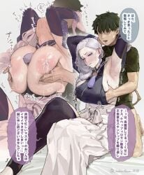 1boy 1girls alternate_breast_size areolae armpit arms_behind_anothers_head artist_name bare_shoulders bed behind_another black_kimono black_shirt black_stirrups black_stockings blue_eyeshadow blush bodily_fluids bodily_fluids_drip braided_hair braided_ponytail breast_focus breast_grab breast_grab_from_behind breast_play breastmilk breasts_bigger_than_head breasts_out breasts_out_of_clothes breasts_squeezed_together bridal_gauntlets canonical_outfit clothing_cutout dark_purple_gloves deep_skin detached_sleeves drooling duo ear_blush earrings elbow_gloves elbow_sleeve emanata eyeless_male eyeliner eyeshadow fate/grand_order fate_(series) female_focus femsub gloves grabbed_from_behind grabbing_another's_breast grey_hair grey_hair_female groped_from_behind groping_breasts groping_under_clothes hair_ornament hakama hakama_skirt hand_under_clothes hands_behind_head hands_on_breasts hands_under_clothes head_back hebi_nyoubou_(fate) hebinyobo_(fate_grand_order) hebinyobo_(first_ascension) heelless_stockings huge_breasts japanese_clothes japanese_text jewelry kimono kimono_partially_removed kneeling_male knees_up lactating lactation large_areolae lavender_eyeshadow lavender_lipstick light-skinned_female light_areolae light_skin lipstick long_hair low-tied_long_hair makeup mature mature_female milf monster_girl mrs._snake_(fate) narrowed_eyes nipples omi-san_(fate) on_bed onomatopoeia open_topwear ornament overwhelmed pale-skinned_female pale_skin parted_lips partially_clothed partially_undressed pixiv pleasured_female punishment purple_eyeshadow purple_kimono purple_lipstick purple_tassel red_ears ribbon ribbons shiny_skin sideboob sideboob_cutout simple_background sitting_behind_person sitting_on_bed skindentation skirt sleeveless sleeveless_kimono sleeveless_shirt slit_pupils snake_girl steam steamy_breath stirrup_legwear stirrup_stockings submissive_female sweat sweatdrop sweaty sweaty_breasts tagme tassel tassel_earrings thick_thighs thighs toeless_legwear tonko_from translation_request tremble_lines tremble_spikes trembling trembling_for_pleasure wakipai white_background white_hair white_hair_female white_hakama white_sash white_skirt wide_hips yellow_eyes yellow_sclera