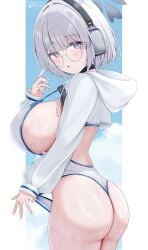 1girl absurdres ass black_choker blue_archive blush breasts choker commentary_request glasses grey_eyes grey_hair headphones highres hooded_shrug huge_breasts looking_at_viewer one-piece_swimsuit short_hair short_white-haired_odyssey_student_(blue_archive) shrug_(clothing) sideboob solo swimsuit uni_ikura wet white_one-piece_swimsuit white_shrug