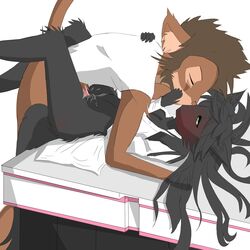 anthro black_fur black_hair blush bottomless breasts brown_fur brown_hair canine closed_eyes clothed clothing duo female fur green_eyes hair half-closed_eyes half-dressed hi_res high_resolution highres ketzio11 kissing long_hair lying male mammal missionary_position monkey on_back penetration penis plain_background primate pussy pussy_juice sex shaded shirt straight table_lotus_position vaginal_penetration white_background