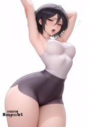 1girl ai_generated armpits arms_up artist_name bangs black_hair black_shorts bleach bleach:_the_thousand-year_blood_war blush breasts cowboy_shot hair_between_eyes high-waist_shorts kuchiki_rukia looking_at_viewer medium_breasts nuageeart open_mouth purple_eyes rukia_kuchiki sensitive shirt shirt_tucked_in short_hair short_shorts shorts simple_background sleeveless sleeveless_shirt solo stretching tank_top thick_thighs thighs white_background white_shirt wide_hips