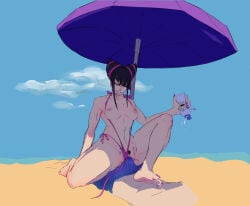 1boy 1girls 2d abs beach bikini black_hair breasts breasts_out capcom cowgirl_position faceless_male feet female fit fit_female hair_cones juri_han light-skinned_female light-skinned_male male nail_polish parasol pubes pubic_hair purple_hair sitting slingshot_swimsuit soles streaked_hair street_fighter street_fighter_6 sunscreen thick_thighs thighs toenail_polish