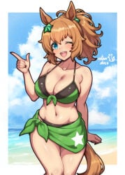 1girl absurdres animal_ears bare_arms bare_shoulders beach big_breasts bikini black_bikini blue_eyes blue_sky blush breasts brown_hair cleavage collarbone commentary commission cygames english_commentary green_bikini green_sarong hair_between_eyes hair_ornament halterneck highres horse_ears horse_girl horse_tail ko-fi_commission large_breasts long_hair looking_at_viewer navel ocean one_eye_closed open_mouth outdoors ponytail rotomdocs sarong sky smile solo star_(symbol) star_hair_ornament stomach string_bikini swimsuit taiki_shuttle_(umamusume) taiki_shuttle_(wild_frontier)_(umamusume) tail teeth triangle_bikini_top umamusume umamusume_pretty_derby upper_teeth_only water