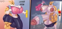 ambiguous_gender anthro areola balls bandai_namco biceps big_areola big_balls big_breasts big_bulge big_penis blue_eyes bodily_fluids bottomwear breasts bulge bulging_eyes clothing digimon digimon_(species) door duo english_text erection eyes_closed genital_fluids genitals gynomorph hi_res huge_balls huge_breasts huge_bulge huge_penis hyper hyper_balls hyper_bulge hyper_genitalia hyper_penis intersex muscular muscular_anthro muscular_gynomorph muscular_intersex muscular_thighs nipples nude open_mouth penis pink_areola pink_nipples precum red_eyes renamon shannonrat shirt shorts solo_focus sweat sweaty_breasts text topwear towel towel_on_shoulder undressing white_balls white_breasts white_penis