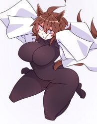 1girls 2026 2d 2d_(artwork) :> agnes_tachyon_(umamusume) animal_ears animal_tail big_breasts black_bodysuit bodysuit breasts brown_hair clothed clothing color colored cygames digital_media_(artwork) female female_only floor full_body hair hi_res horse_ears horse_girl horse_tail kaijin_debeso large_breasts looking_at_viewer on_floor red_eyes scientist simple_background smile smile_at_viewer solo tail thick_thighs thighs umamusume umamusume_pretty_derby white_background