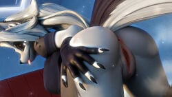 16:9 2026 3d_(artwork) 4k absurd_res anthro anus bare_shoulders bent_over big_breasts black_clothing black_eyeshadow black_fingerless_gloves black_gloves black_handwear blue_clothing blue_shirt blue_topwear bottomless bottomless_anthro bottomless_female breasts butt butt_focus canid canid_demon canine claws clothed clothing demon digital_media_(artwork) dutch_angle ear_piercing ear_ring eyeshadow female fingerless_gloves genitals glistening glistening_clothing glistening_gloves glistening_handwear gloves glowing glowing_eyes hair hand_on_butt hand_on_own_butt handwear hellaverse hellhound helluva_boss hi_res inner_ear_fluff inside long_hair looking_at_viewer looking_back looking_back_at_viewer loona_(helluva_boss) makeup mammal mrs_dexie musk mythological_canine mythological_creature mythology off_shoulder particles piercing pink_anus pink_vulva presenting presenting_hindquarters presenting_vulva pupils rear_view red_sclera ring_piercing shirt slit_pupils smile smiling_at_viewer solo tail tongue tongue_out topwear tuft vulva white_eyes white_hair wide_hips widescreen