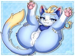 2026 2d 2d_(artwork) 4:3 absurd_res alternate_version_available blue_body blue_eyes blue_fur digital_media_(artwork) eyebrows eyelashes felid feline felis female fur furry hextali hi_res league_of_legends legs_spread long_tail looking_at_viewer mammal neck_tuft on_back open_legs riot_games simple_background tagme tail tencent tuft watermark yuumi_(lol)