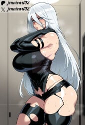 1girl a2_(nier:automata) ai_generated alternate_breast_size android artist_name bare_shoulders black_gloves black_shorts black_thighhighs blue_eyes blush breasts clothing curvy elbow_gloves female gloves hair_between_eyes huge_breasts jennieart02 joints large_breasts legwear lips long_hair looking_at_viewer micro_shorts mole mole_under_mouth patreon patreon_logo patreon_username robot_joints shirt short_shorts shorts skindentation solo standing steaming_body sweat thick_thighs thighhighs thighs torn_clothes torn_thighhighs twitter twitter_username watermark web_address white_hair