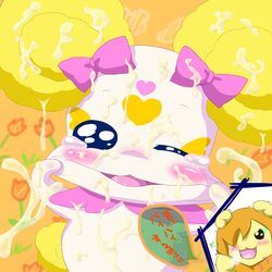 after_sex blush bow candy_(pretty_cure) cum cum_covered demis edit excessive_cum female furry japanese_text looking_at_viewer messy no_humans one_eye_closed open_mouth pretty_cure silly_face tears text translation_request