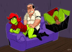 annie annie_bell antonblast bald clothed_sex condom doggy_style female green_skin hairy_arms hairy_chest hairy_pussy male male/female mustache on_the_couch peppino_spaghetti pizza_tower red_hair semi_nude sex vaginal vaginal_penetration