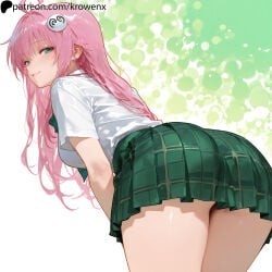 1girls ahoge ai_generated bent_over blush female female_focus female_only from_behind green_eyes krowenx lala_satalin_deviluke long_hair looking_at_viewer looking_back pink_hair skirt smile solo solo_female solo_focus thighs