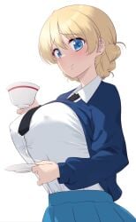 1girls 2026 2d blonde_female blonde_hair blue_eyes blush breasts_bigger_than_head cup cup_of_tea darjeeling erect_nipples_under_clothes female female_only gigantic_breasts girls_und_panzer kuzuryuu_kennosuke looking_at_viewer school_uniform schoolgirl smile smiling_at_viewer solo solo_female tea_cup white_background